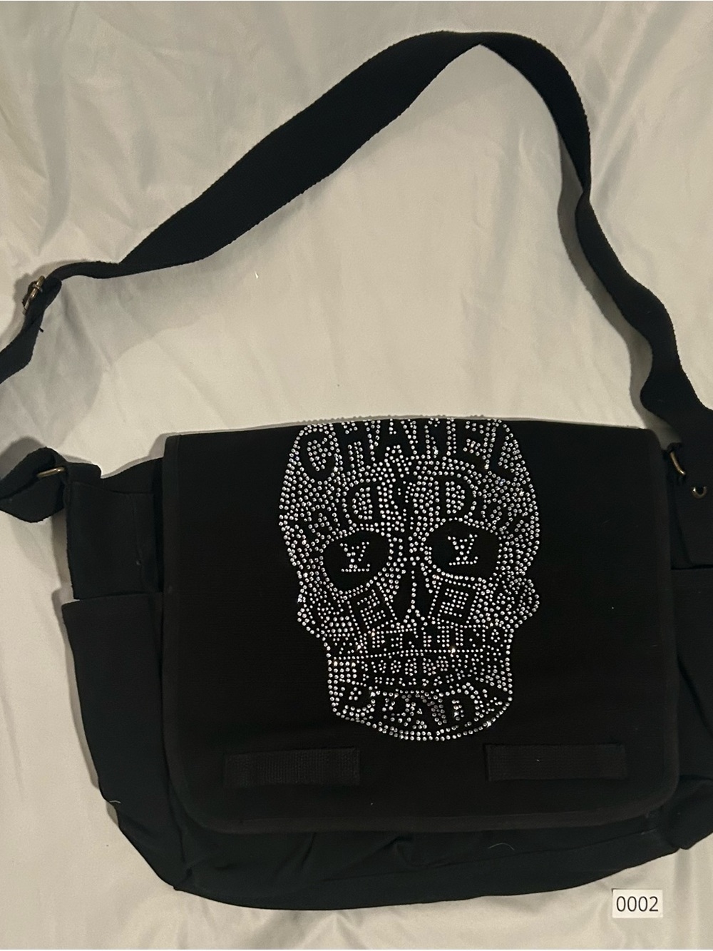 Source Unknown Black Crossbody Bag with Silver Rhinestone Skull